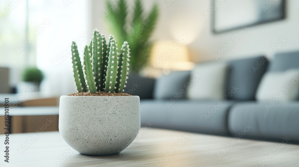 A single cactus in a sleek ceramic pot, standing on a coffee table in a minimalist living room, offering a simple yet elegant decor piece. A single cactus in a sleek ceramic pot, standing on a coffee table in a minimalist living room, offering a simple yet elegant decor piece.