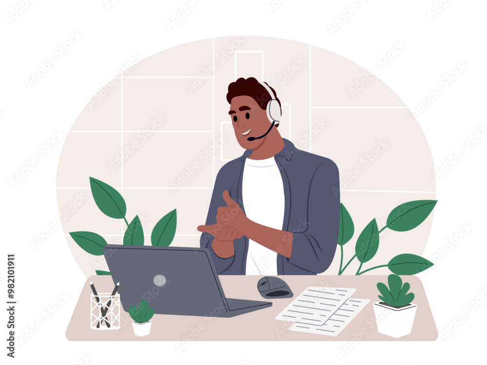Call center. Young smiling African American man with a headset for support and communication in the office. A telemarketing agent works on deals, advises clients Call center. Young smiling African American man with a headset for support and communication in the office. A telemarketing agent works on deals, advises clients