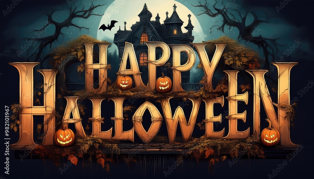 Fototapeta premium halloween party poster. halloween background with pumpkin and bats. halloween background with halloween. halloween party poster. halloween party invitation. scary halloween background. wallpaper