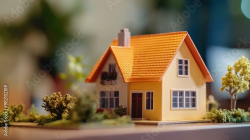 A small model house with an orange roof and surrounding greenery.