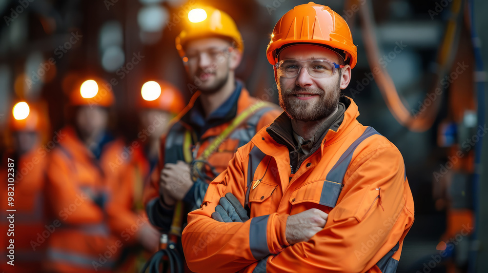 A team of electricians in orange safety gear, holding various tools, standing in front of a power station. A team of electricians in orange safety gear, holding various tools, standing in front of a power station.