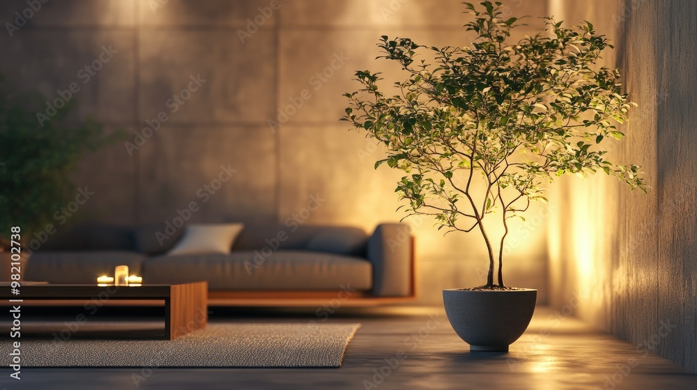 Asparagus sprengeri tree in a cozy indoor space, with soft, warm lighting illuminating its delicate foliage and creating a serene, peaceful mood. Asparagus sprengeri tree in a cozy indoor space, with soft, warm lighting illuminating its delicate foliage and creating a serene, peaceful mood.