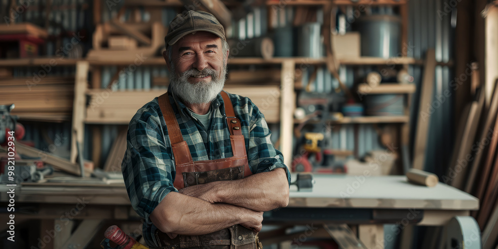 Fototapeta premium A carpenter in a plaid shirt and tool belt, standing in a woodworking shop.