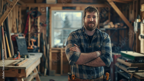 A carpenter in a plaid shirt and tool belt, standing in a woodworking shop.