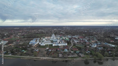 Aerial view of architectural complex of Rostov Kremlin located on board of Lake Nero in Russian city of Rostov. The Golden Ring. Rostov Veliky is one of the oldest cities in Russia