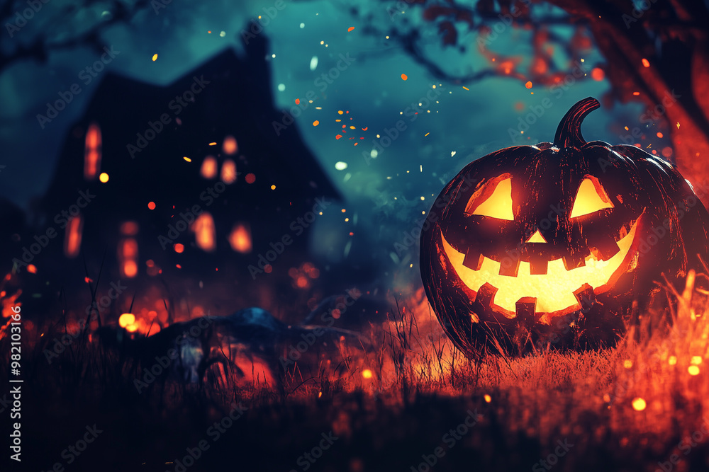 A glowing jack-o-lantern stands near a dark house at night, copy space A glowing jack-o-lantern stands near a dark house at night, copy space