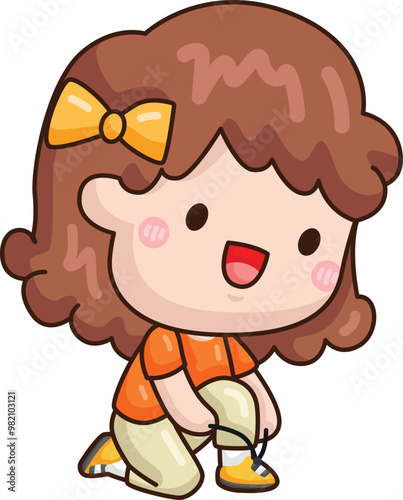 a vector of a girl tying shoelace
