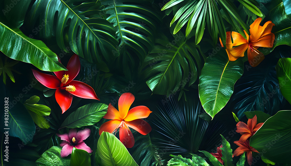 A lush jungle scene with vibrant green leaves and exotic flowers, bringing the warmth of the tropics to your screen A lush jungle scene with vibrant green leaves and exotic flowers, bringing the warmth of the tropics to your screen