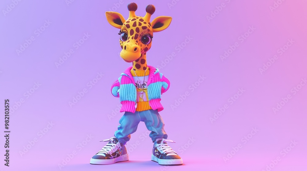 Fototapeta premium Playful Chibi Giraffe in Stylish Outfit on Lavender Gradient Background