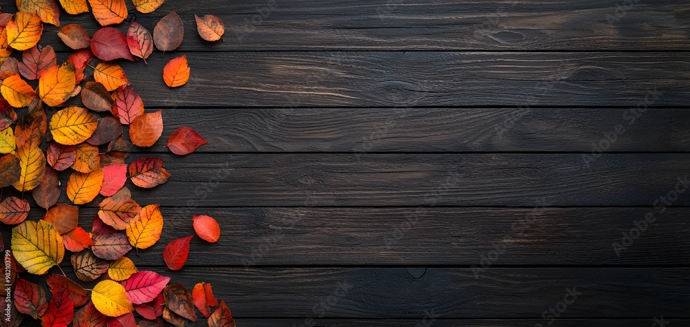 A Vibrant Collection of Autumn Leaves Aglow on a Rustic Wooden Table, Celebrating Nature Beauty. Autumn Leaves on Wooden Floor Concept A Vibrant Collection of Autumn Leaves Aglow on a Rustic Wooden Table, Celebrating Nature Beauty. Autumn Leaves on Wooden Floor Concept