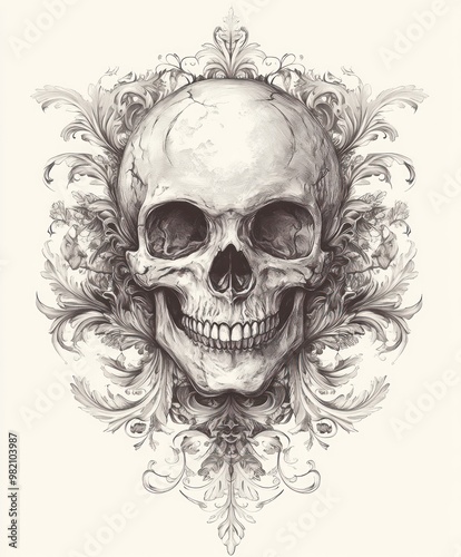 A detailed illustration of a skull surrounded by ornate floral designs.