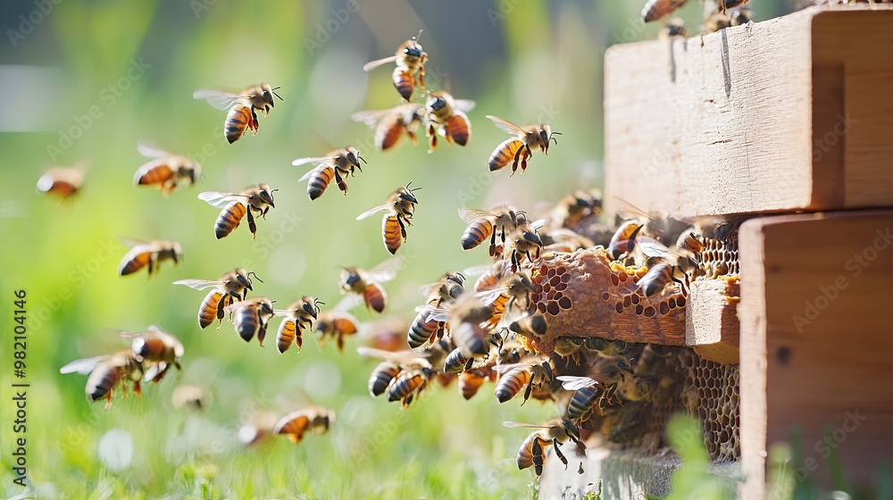 Spring Swarming Bees swarming around the entrance of a thriving hive, flying ...