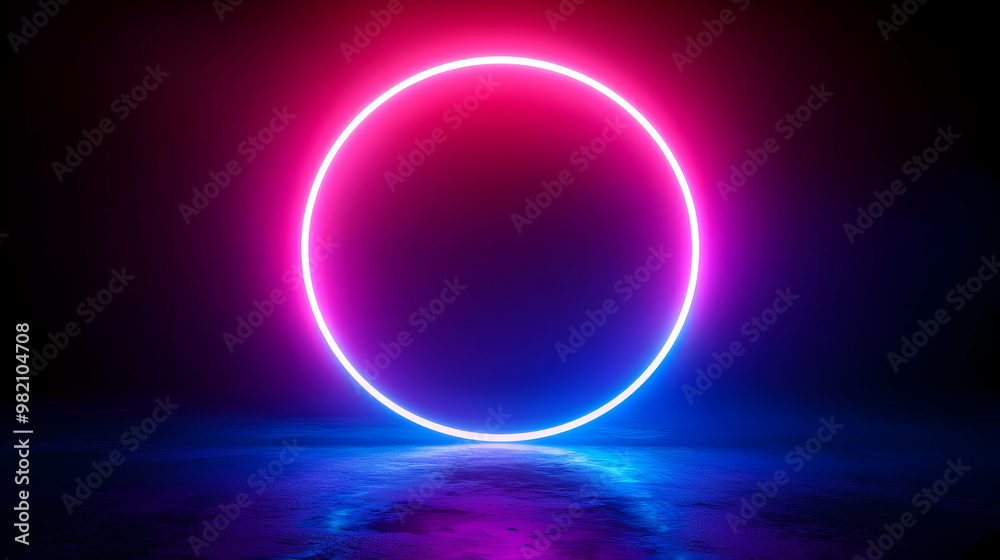 Fototapeta premium A Bright Neon Circle Glowing in a Dark Room with a Reflective Surface