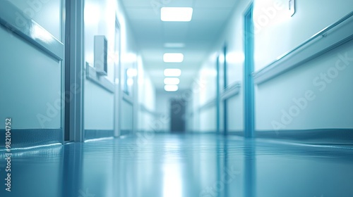 Blurry hospital clinic corridor with bright, sterile lighting, creating a defocused background ideal for medical presentations, healthcare brochures, or office visuals.