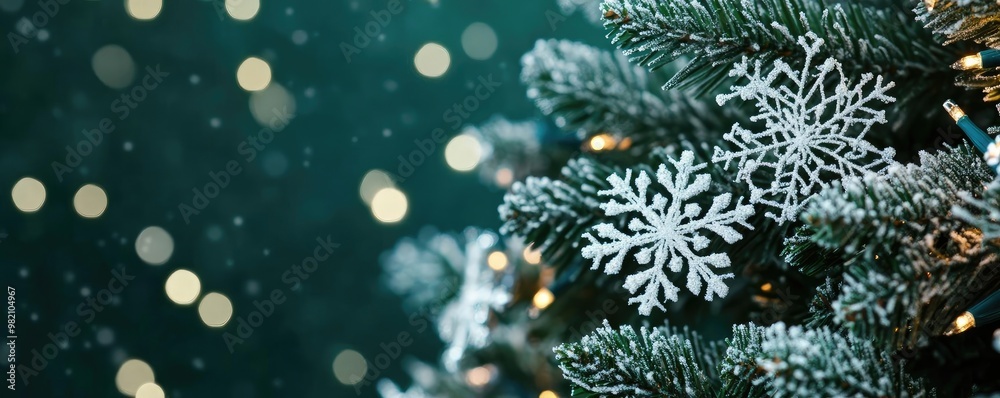 A close-up of a decorated Christmas tree featuring delicate snowflakes against a wintery background with sparkling bokeh lights. A close-up of a decorated Christmas tree featuring delicate snowflakes against a wintery background with sparkling bokeh lights.