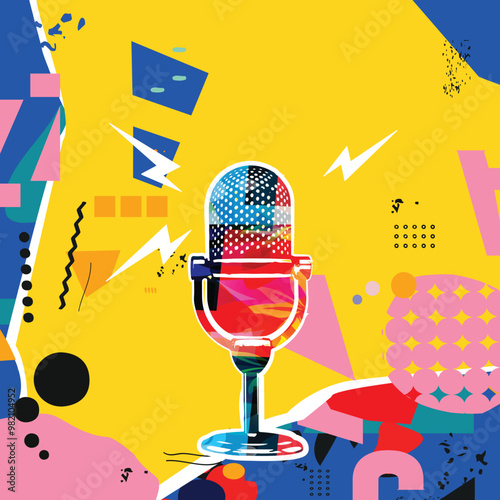 Retro microphone on red and yellow background. Podcasting and creativity in music concept	