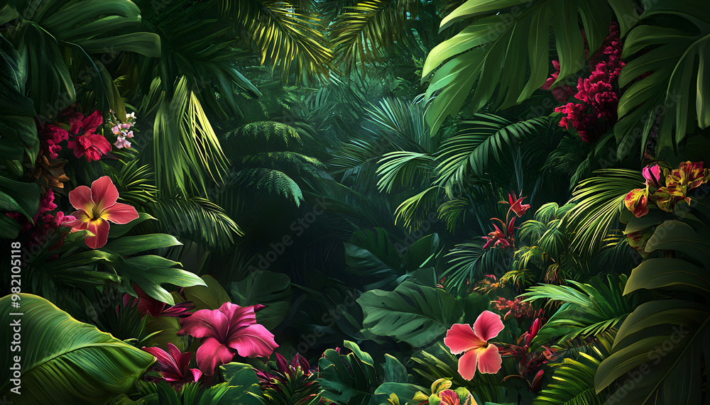 A lush jungle scene with vibrant green leaves and exotic flowers, bringing the warmth of the tropics to your screen A lush jungle scene with vibrant green leaves and exotic flowers, bringing the warmth of the tropics to your screen