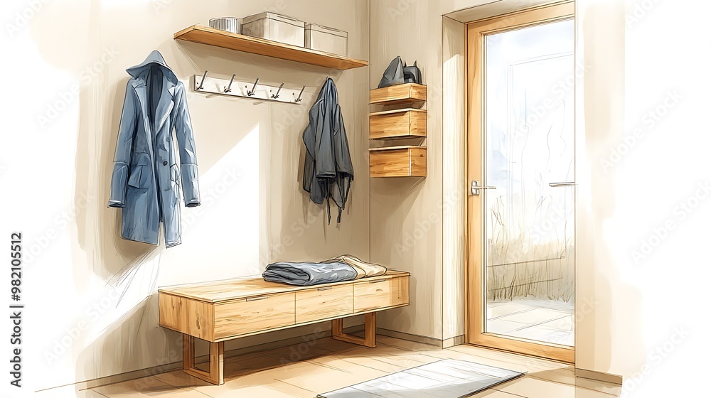 A minimalist entryway sketch with a small bench, coat rack, and wall-mounted storage unit. The space feels modern and organized, A minimalist entryway sketch with a small bench, coat rack, and wall-mounted storage unit. The space feels modern and organized,