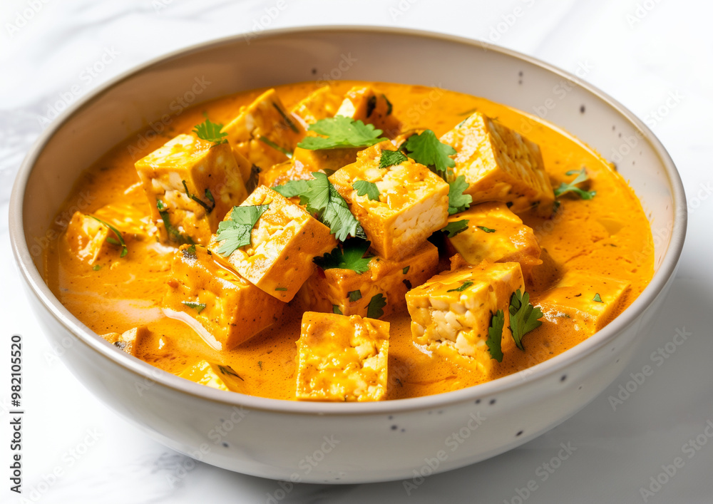 Creamy tofu curry with cilantro garnish in a ceramic bowl Creamy tofu curry with cilantro garnish in a ceramic bowl