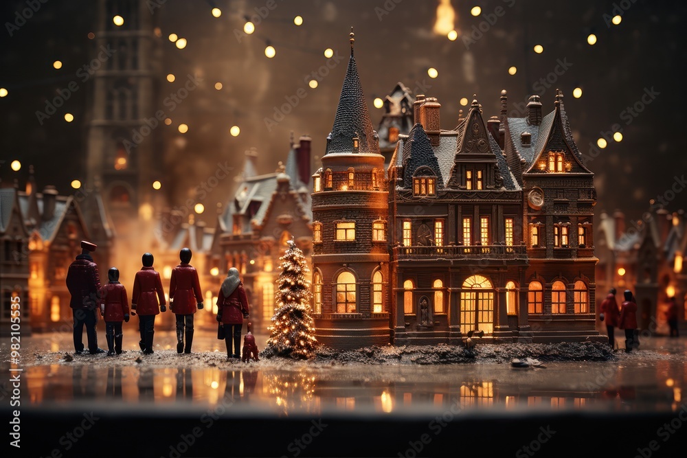 Naklejka premium Christmas tree and people. Miniature of the old town during the holidays. City model