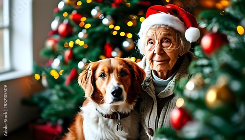 Holiday cheer with an elderly woman and her adorable dog in Santa hats beside a beautifully adorned Christmas tree photo