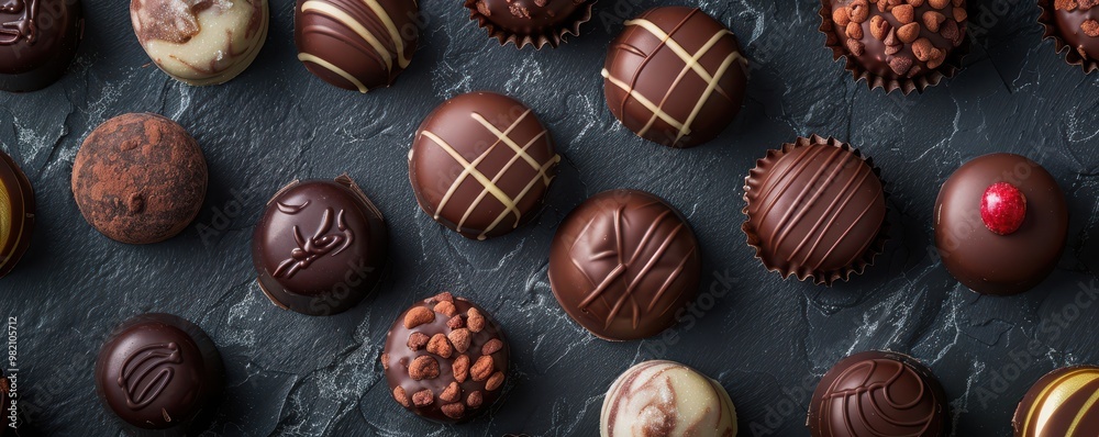 A tempting selection of artisanal chocolate pralines in various designs, perfect for gifting or indulgence. Free copy space for text.