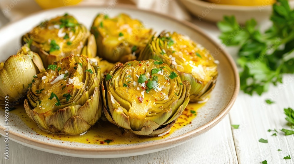 Carciofi alla romana, beautifully plated on a white wooden table. Artichokes cooked in olive oil, garlic, and parsley with a drizzle of lemon and spicy sauce. A Roman delicacy. Carciofi alla romana, beautifully plated on a white wooden table. Artichokes cooked in olive oil, garlic, and parsley with a drizzle of lemon and spicy sauce. A Roman delicacy.