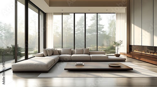 A minimalist interior sketch of a modern living room layout, featuring a sectional sofa, low coffee table, and large floor-to-ceiling windows, with soft natural light streaming in. Clean lines,