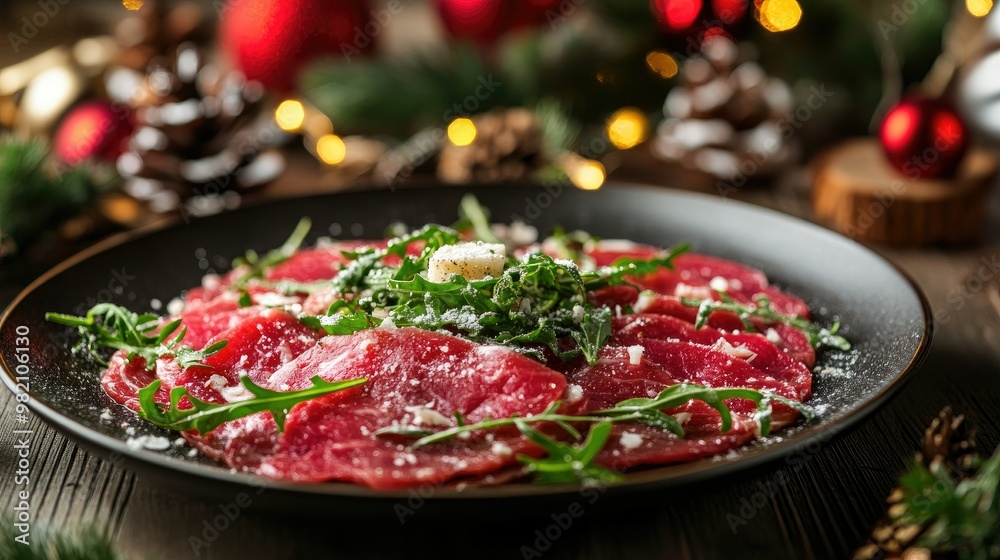 Christmas-themed beef carpaccio with thinly sliced beef, garnished with arugula and parmesan on a holiday table, with festive decorations in the background. Christmas-themed beef carpaccio with thinly sliced beef, garnished with arugula and parmesan on a holiday table, with festive decorations in the background.