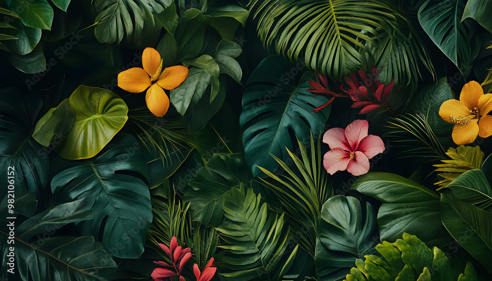 A lush jungle scene with vibrant green leaves and exotic flowers, bringing the warmth of the tropics to your screen A lush jungle scene with vibrant green leaves and exotic flowers, bringing the warmth of the tropics to your screen