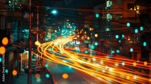 Colorful light trails illuminate a bustling city street at night, showcasing vibrant urban life and busy traffic