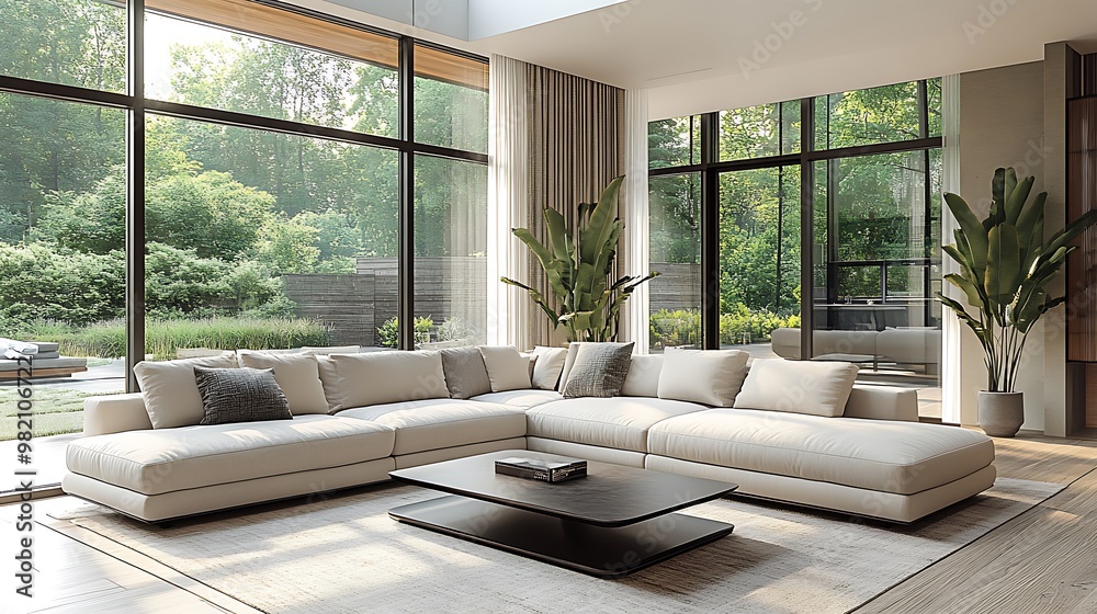 A minimalistic interior sketch of a modern living room with a large sectional sofa, sleek coffee table, and large windows letting in soft daylight, featuring clean lines, neutral tones, A minimalistic interior sketch of a modern living room with a large sectional sofa, sleek coffee table, and large windows letting in soft daylight, featuring clean lines, neutral tones,