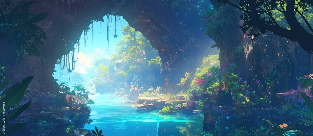 Obraz premium Artwork depicting a mystical jungle canyon interior suitable for use as background or wallpaper