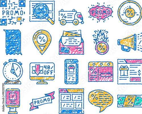 promo and advertising coupon doodle icons set vector. sketch line art qr code on sale discount and newsletter with advertise messenger, promo street banner and promotional ribbon color illustrations