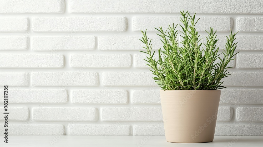 Close-up of a rosemary plant in a modern ceramic pot against a white brick wall with soft shadows and space for text on one side. Close-up of a rosemary plant in a modern ceramic pot against a white brick wall with soft shadows and space for text on one side.