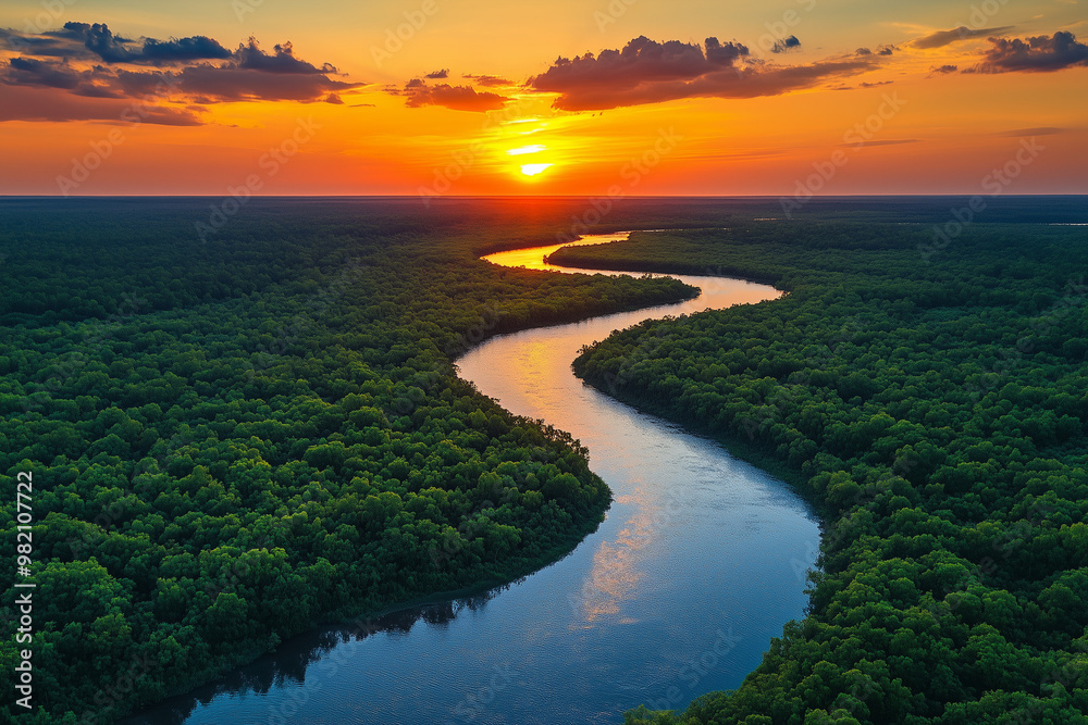 Fototapeta premium Aerial view of a river winding through a dense forest