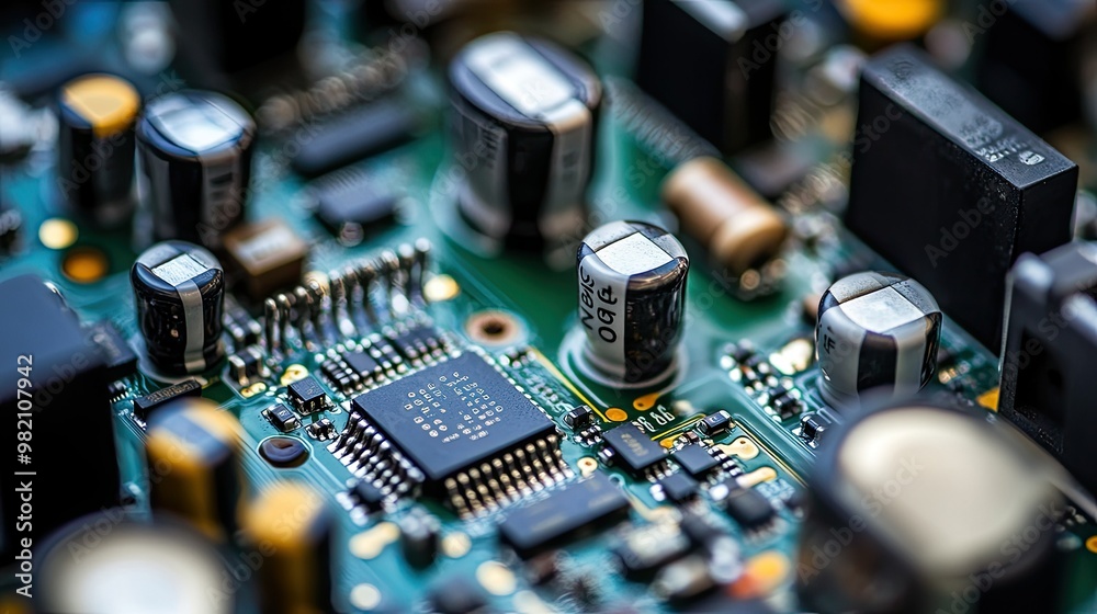 Close-up of a wireless audio circuit board's intricate electronic components, displayed on a bright white isolated background. Close-up of a wireless audio circuit board's intricate electronic components, displayed on a bright white isolated background.