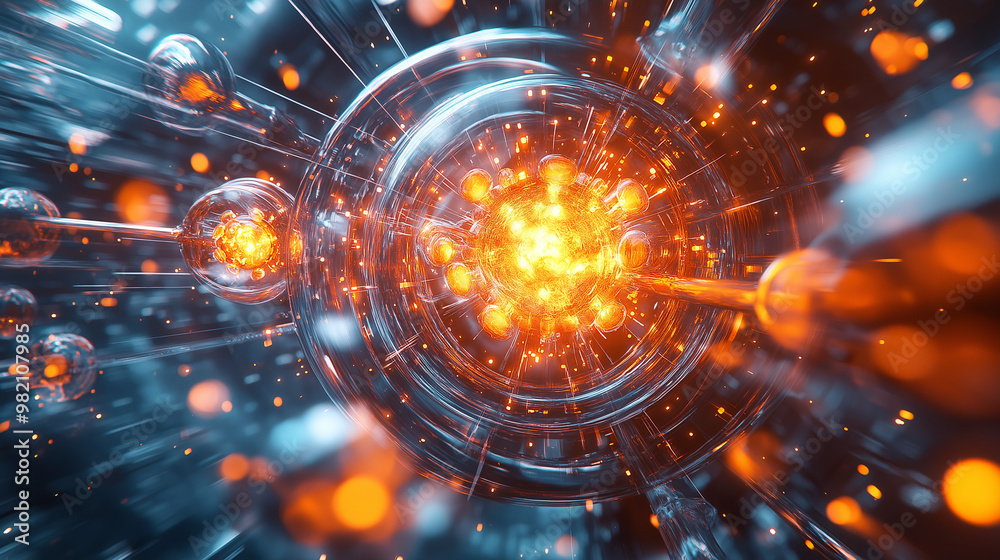 Fototapeta premium Nuclear fission process focusing on atomic interactions with nuclear fuel rods, highlighting energy transfer