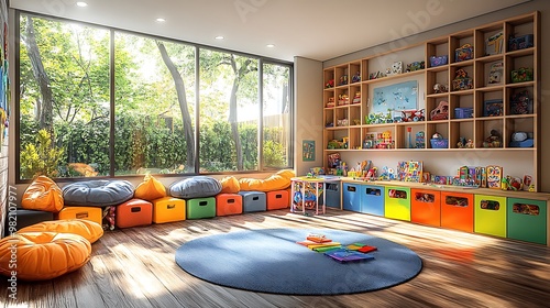 A playful kids playroom sketch featuring colorful toy storage, a small craft table, and a cozy reading nook with bean bags. The room has large windows providing bright natural light and cheerful,