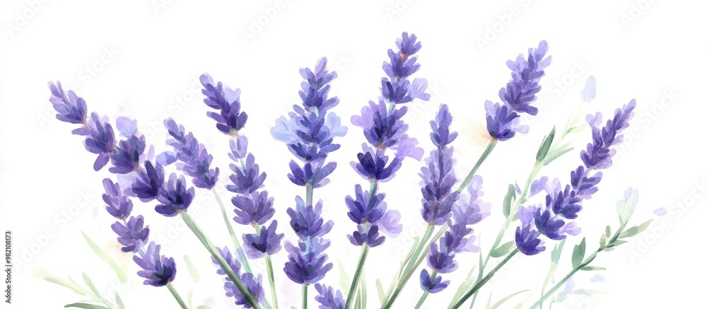 Painting of a cluster of lavender flowers set against a white backdrop Painting of a cluster of lavender flowers set against a white backdrop