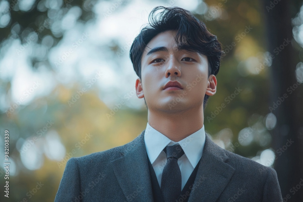 Confident and Poised Korean Man in Formal Suit Stands Amid Autumn Nature Confident and Poised Korean Man in Formal Suit Stands Amid Autumn Nature