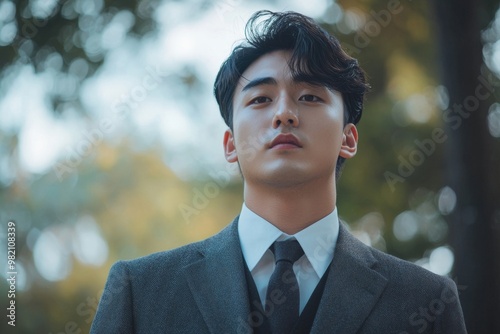 Confident and Poised Korean Man in Formal Suit Stands Amid Autumn Nature