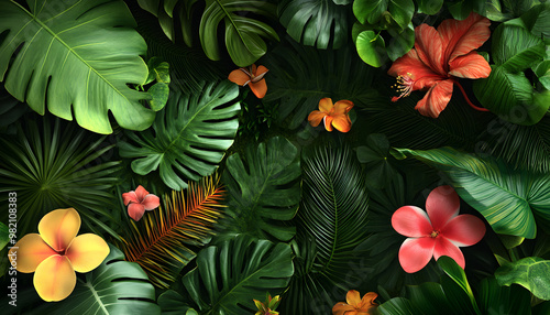 A lush jungle scene with vibrant green leaves and exotic flowers, bringing the warmth of the tropics to your screen