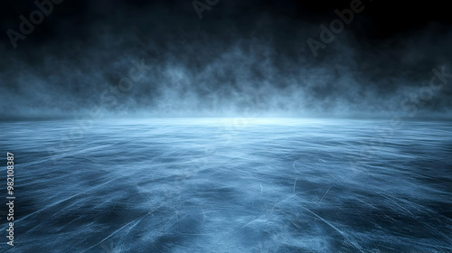 Abstract 3D Rendered Background of a Frosted Blue Ice Surface with a White Glow in the Distance and Fog in the Air