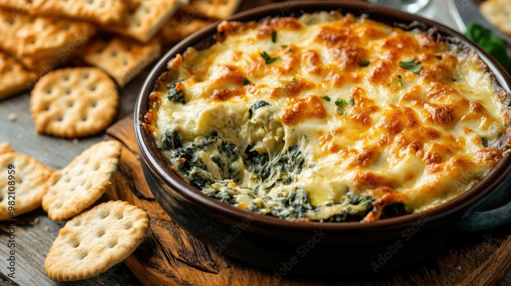 Close-up of hot spinach artichoke dip, topped with melted cheese, paired with a variety of crackers and bread slices for dipping. A comforting, cheesy treat. Close-up of hot spinach artichoke dip, topped with melted cheese, paired with a variety of crackers and bread slices for dipping. A comforting, cheesy treat.