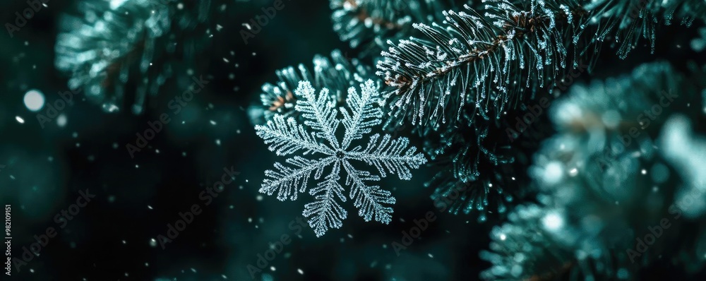 A beautiful snowflake resting on a pine branch, showcasing the intricate details of winter's natural artistry. A beautiful snowflake resting on a pine branch, showcasing the intricate details of winter's natural artistry.