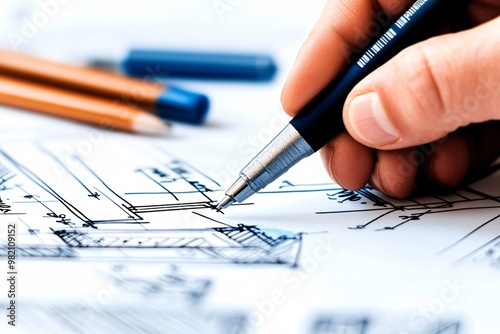 Architect Drawing Plans with Pen.