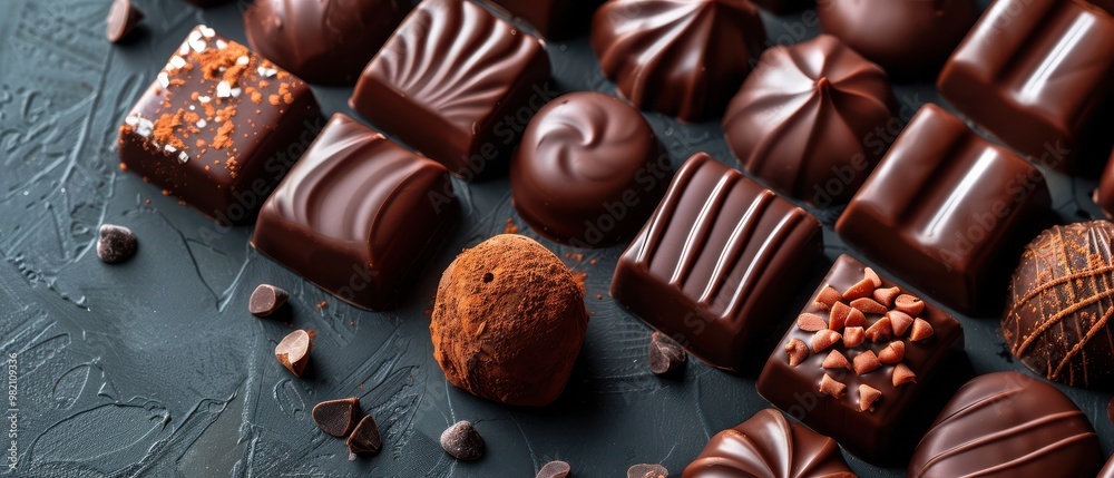 A tempting selection of artisanal chocolate pralines in various designs, perfect for gifting or indulgence. Free copy space for text. A tempting selection of artisanal chocolate pralines in various designs, perfect for gifting or indulgence. Free copy space for text.
