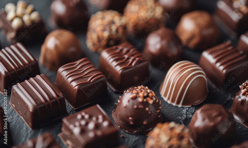 A tempting selection of artisanal chocolate pralines in various designs, perfect for gifting or indulgence. Free copy space for text. A tempting selection of artisanal chocolate pralines in various designs, perfect for gifting or indulgence. Free copy space for text.