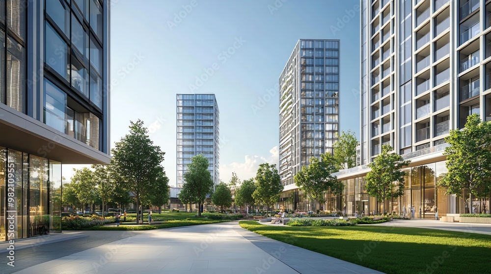 Modern high-rise buildings with a walkway and green space. Modern high-rise buildings with a walkway and green space.
